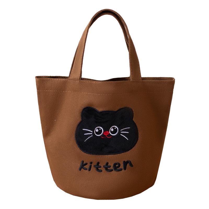 Women's Versatile Embroidered Canvas Tote Bag - Kitten Design, Handheld, Portable, Perfect for Moms or Lunch Storage