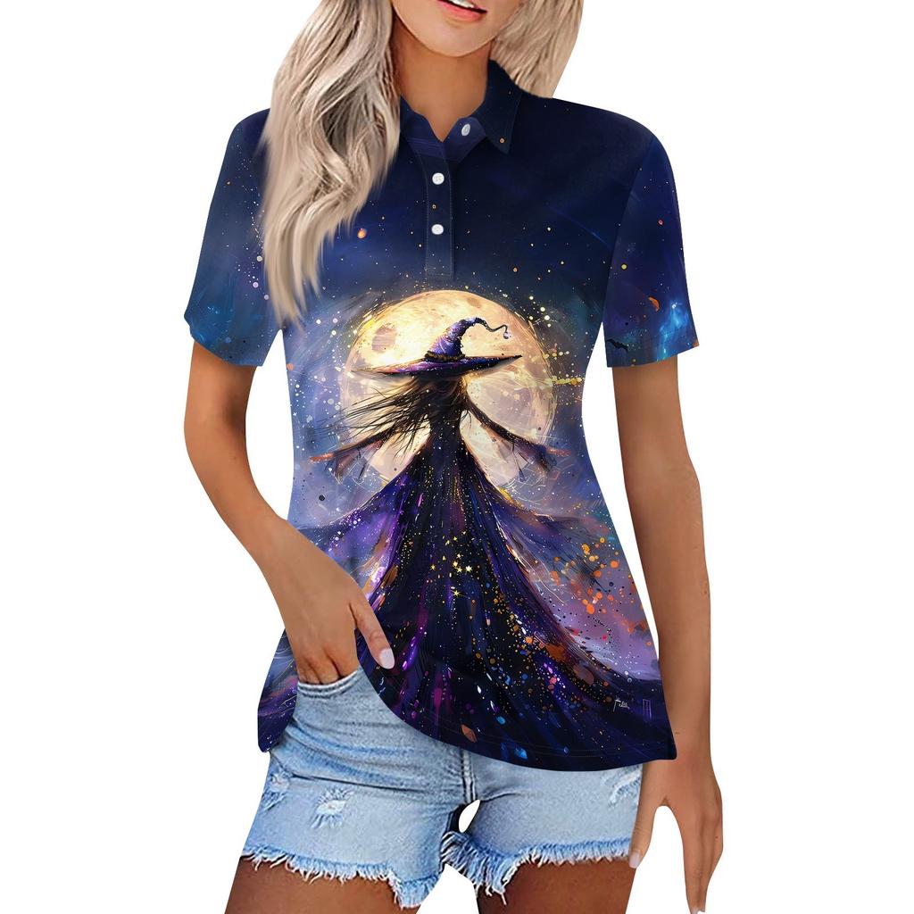 Dámská móda Ležérní klopa Krátký rukáv Halloweenský potisk Košile Dámské zapínací topy