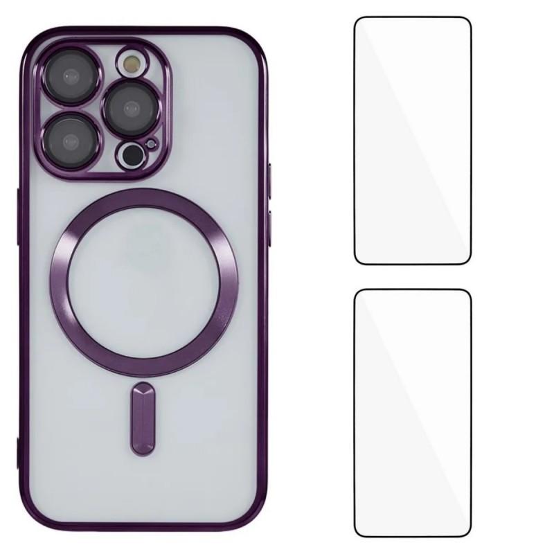 For iPhone 15 Pro Max Magnetic Case WANLONFENG Electroplated TPU Cover with Lens Film+2Pcs Tempered Glass