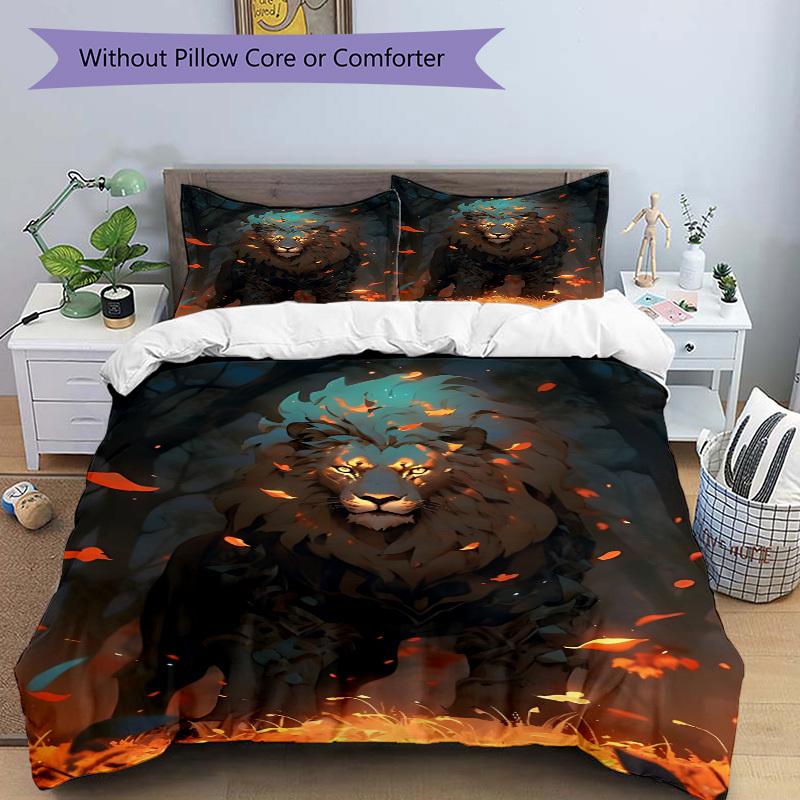 3pcs Lion Fantasy Artwork Bedding Set - 1 Duvet Cover + 2 Pillowcases(Core Not Included), Machine Washable Polyester, All-Season Comfort, Be
