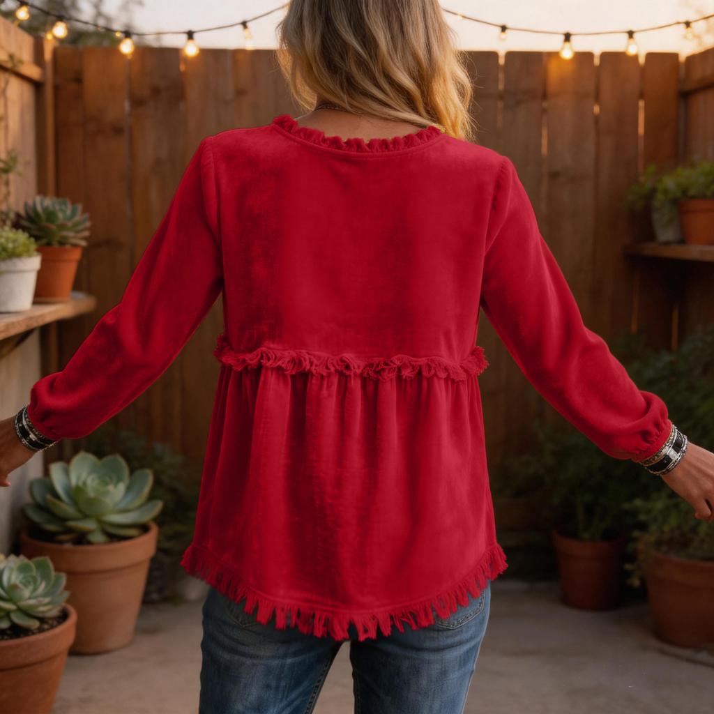 Womens Loose Fit Long Sleeve Top with Lace Trim Stitching Solid Color Casual Blouse Lightweight Comfortable Pullover Shirt