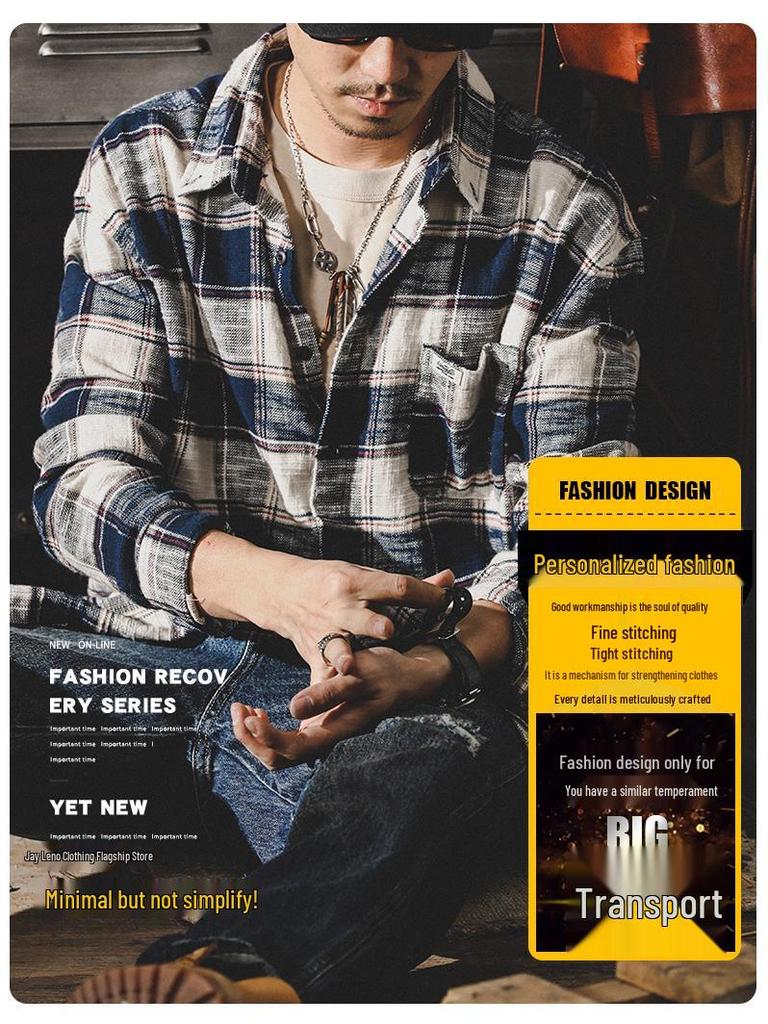 Men's Retro Loose-Fit Plaid Shirt: Heavy, Long Sleeve, Trendy Japanese Style Autumn Jacket