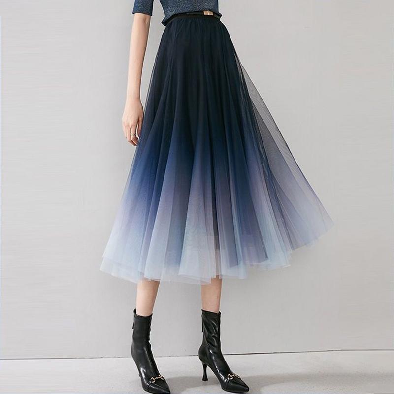 

Юбка-миди из сетки с градиентом цвета. Струящаяся юбка трапециевидной формы с высокой талией для девочек. One Size