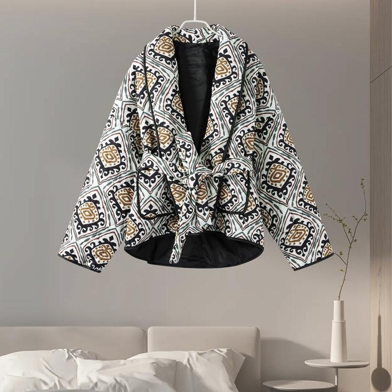 Printed Lace Up Cotton Jacket Lapel Cardigan Thick Warm Women's Oversize Coat Retro Ethnic Style Autumn/Winter 2025