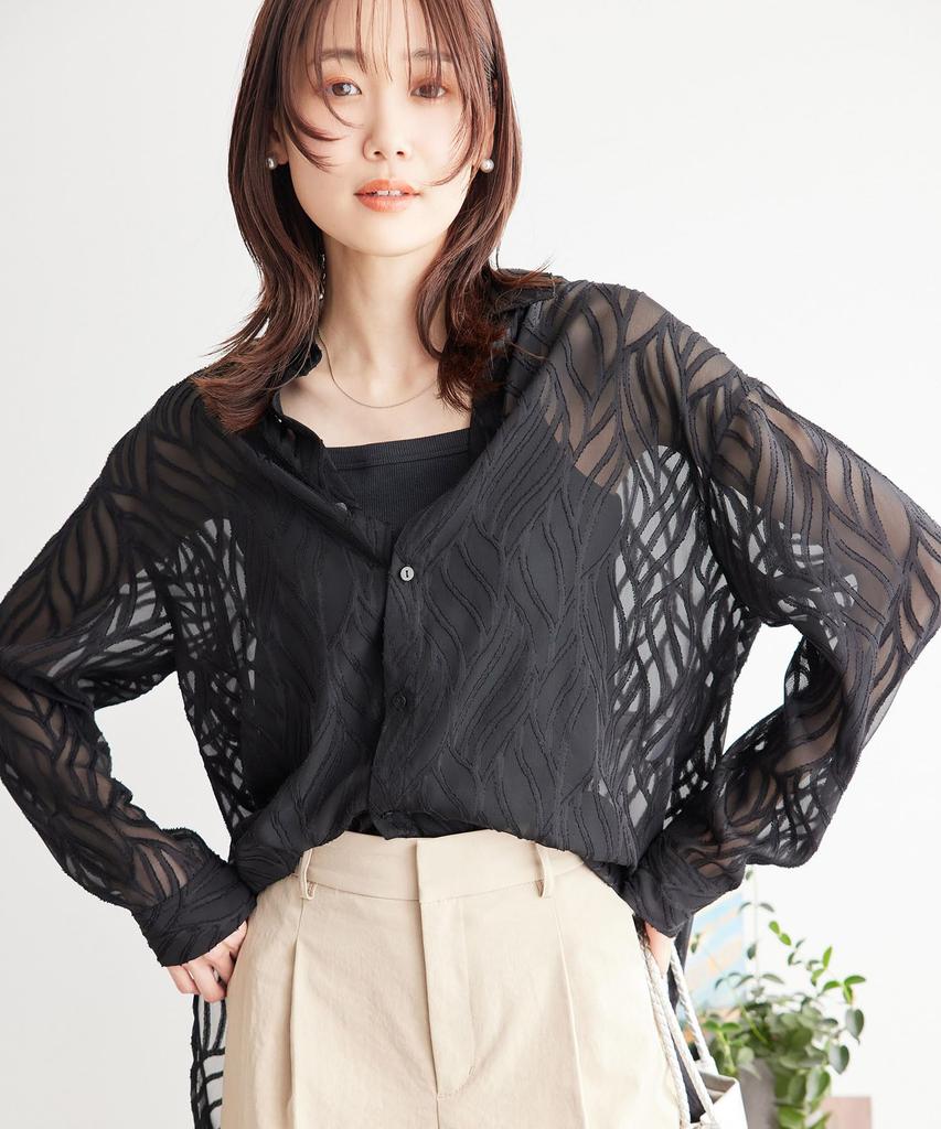 ROPE PICNIC Back Slit Jacquard Black Women's Shirt, (01)