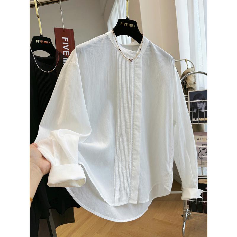 Elegant Pleated Round Neck Long Sleeve Women s Blouse - Spring 2026 French Chic Top L белый