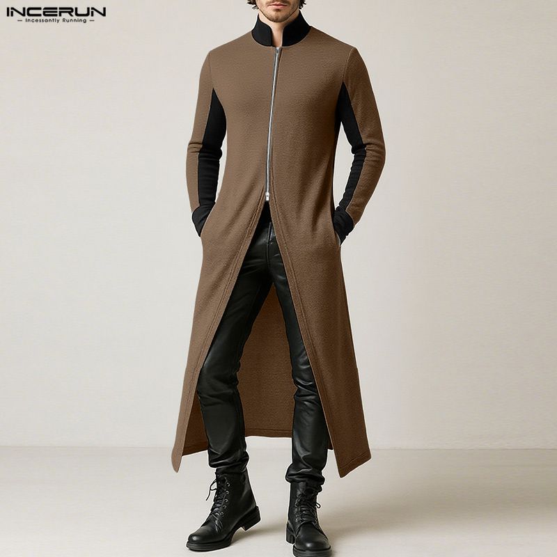 INCERUN Men Stitching Stand Neck Long Sleeve Zip-up High Splits Long Cardigan Coats