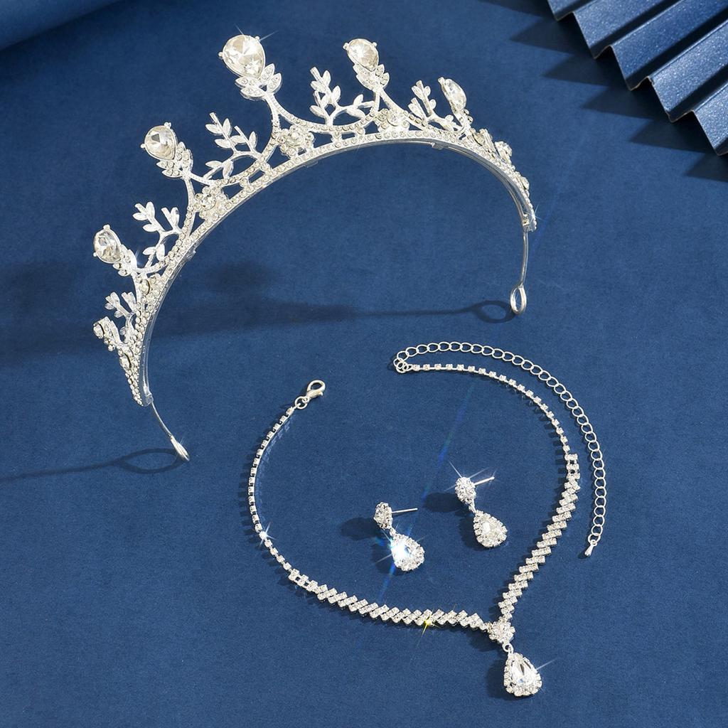 Crown Tiara Necklace Earrings Vintage Atmospheric Rhinestones Birthday Crown Hair Accessories Bridal Wedding Dress Three-Piece Set