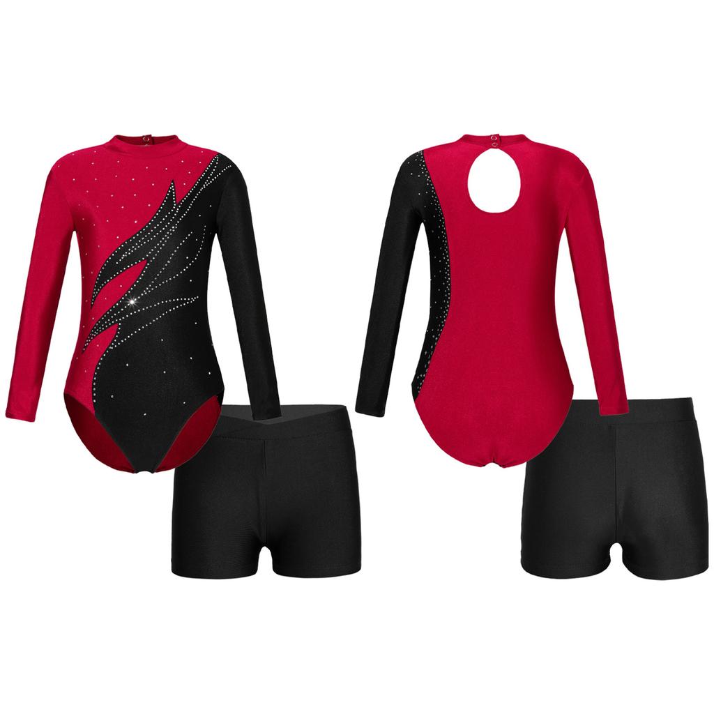 Kids Girls Long Sleeve Mock Neck Shiny Rhinestones Decor Leotard with Shorts for Dance Gymnastic Workout