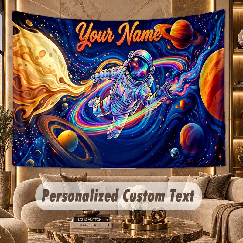 Astronaut Space (36) Theme Personalized Tapestry Custom Name Text Wall Hanging Tapestry Home Background Decoration