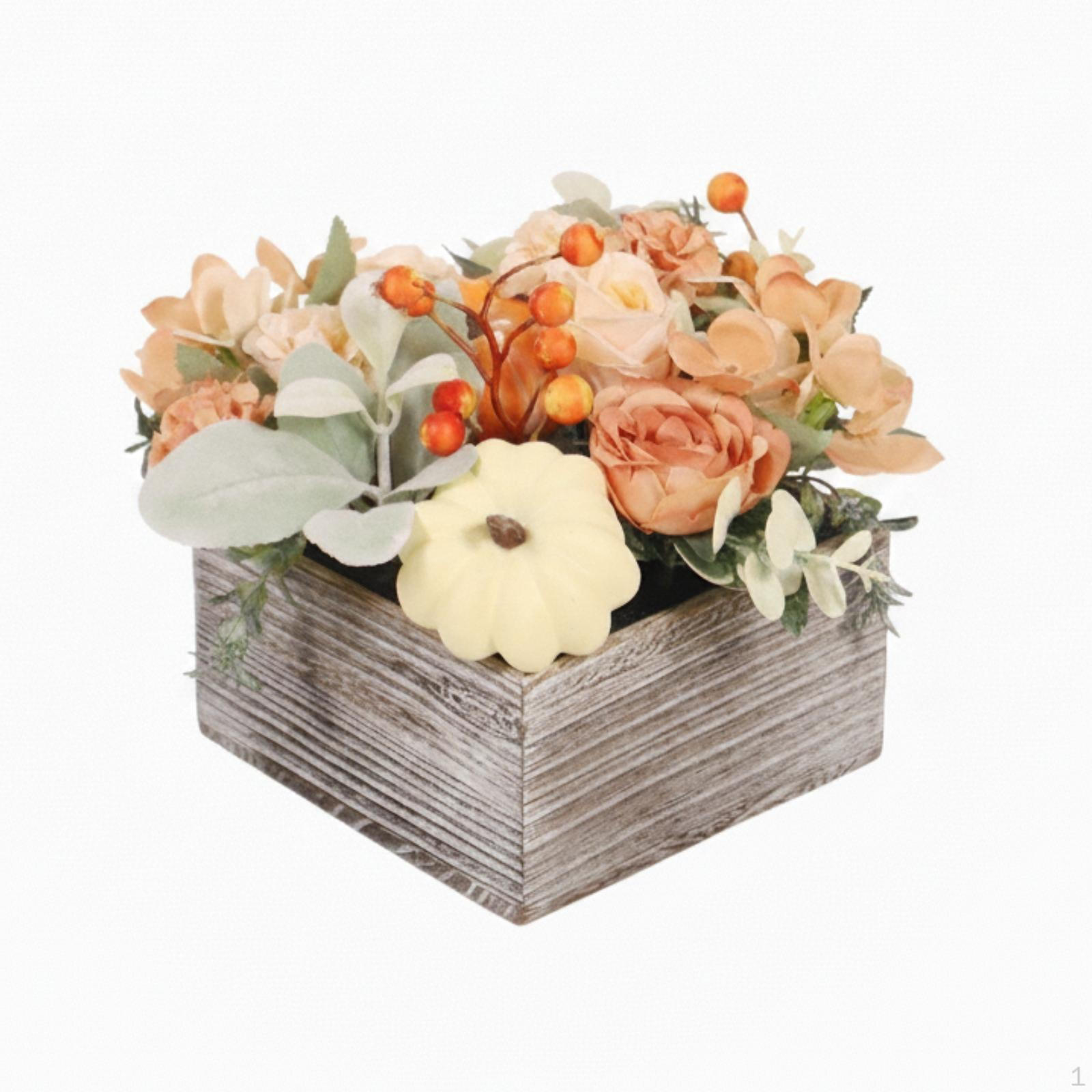 Flower Arrangement with Wooden Pot Rustic Vase Autumnal Artificial