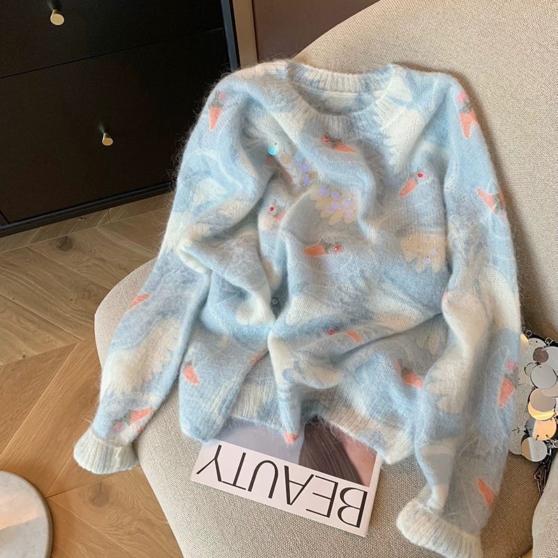 Женский жаккардовый свитер с пайетками, с длинным рукавом, с круглым вырезом, вязаные свитера, повседневный свободный женский милый синий пуловер топ XL