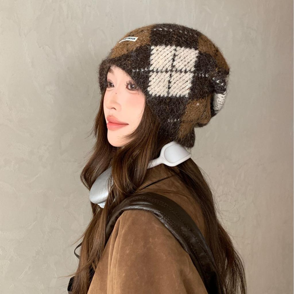 Japan and South Korea Classic Retro Rhombus Grid Color Matching Knitted Hat Japan and South Korea New Wool Hat Women's Versatile Fashion Casual Hat