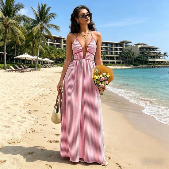Women's Halter Striped Maxi Dress Sleeveless Deep V Neck A Line Sundress Summer A-Line Beach Vacation Dress