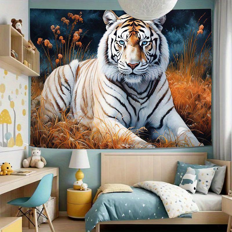 Elegante Tigre Bianco in Prateria Dorata Arazzo da Parete per Decorazione del Soggiorno, con un Ritratto Incredibilmente Dettagliato