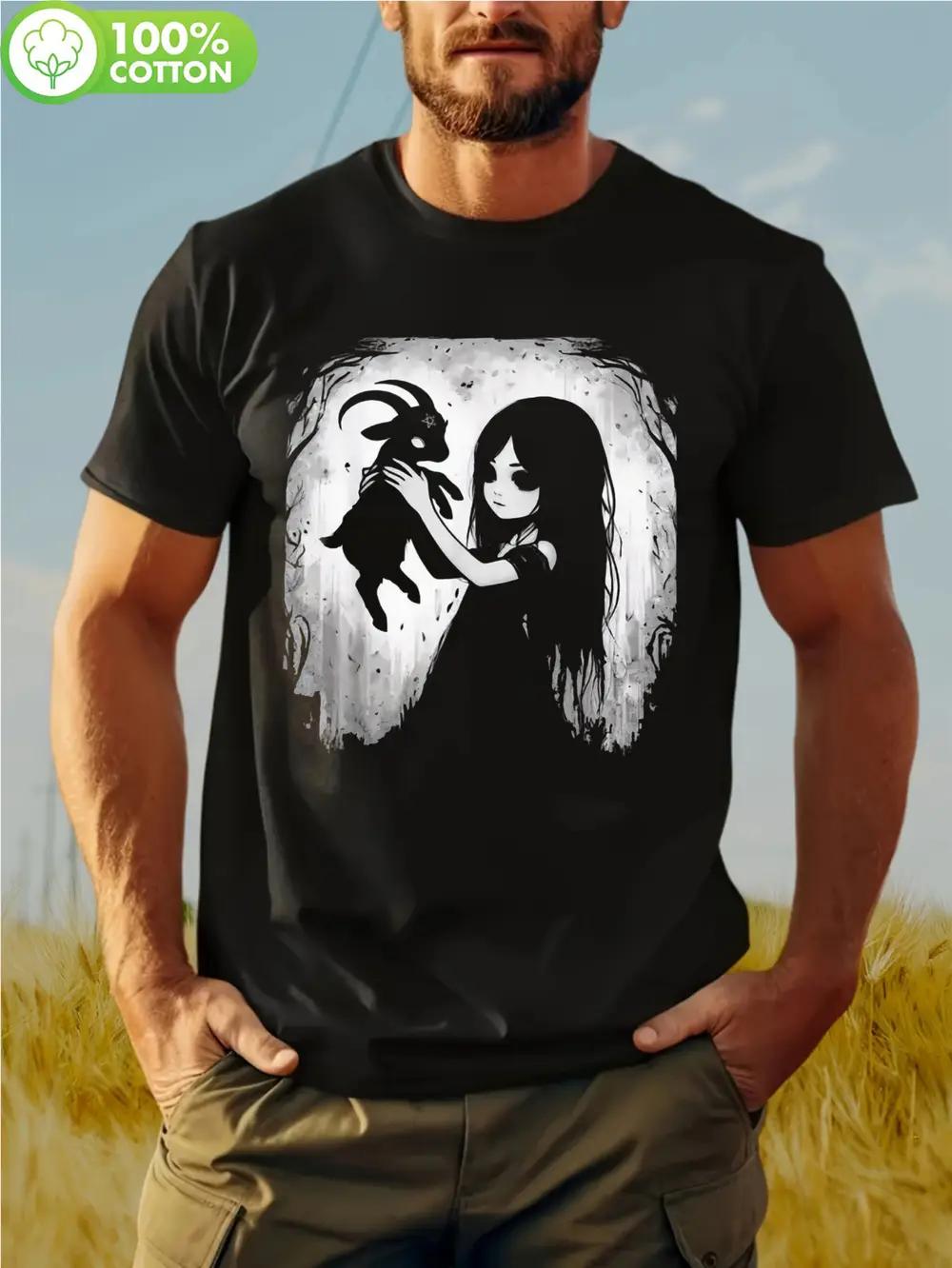 1pc Black Goat Aesthetic Graphic T-shirt - 100% Cotton Casual Short Sleeve Round Neck Tee with Artistic Print XL