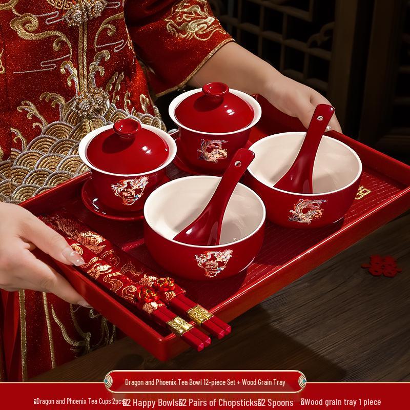 Festive Red Wedding Tea Set: Lidded Bowls, Tea Cups, and Chopsticks