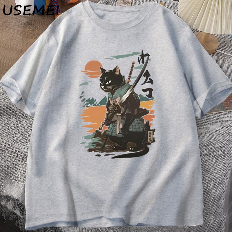 

Samurai Cat T-Shirt Japanese Style Cat Designer Vintage Tshirt Casual Men Graphic T Shirts Cotton Short Sleeve Tee Streetwear XL сірий