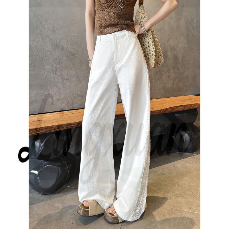 

Women s Wide-Leg Pants with Lace Trim - Loose Casual Fit for Spring/Summer Extra Small білий