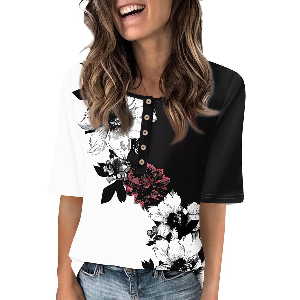 Shirts For Women Trendy Round Neck Button T Shirts Printed  Blouse Half Sleeve Tops For Women