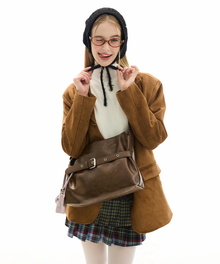Vvv [Set] Medium Buckle Hobo Shoulder Crossbody Bag _ Brown