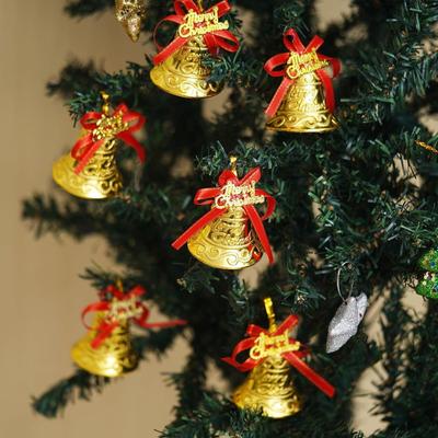 Merry Christmas Bells (Set of 6) Golden Jingle Bells with Red Ribbon | Christmas Tree Decoration Items
