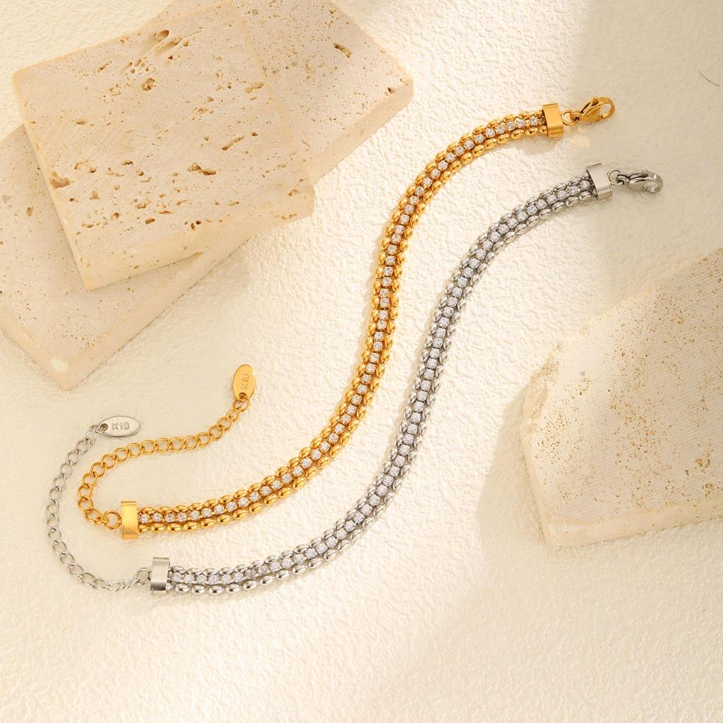 Stainless Steel Double Row Olive Bead White Zircon Bracelet for Women,Gold Color Tennis Chain Bracelets,Classic Jewelry Gifts