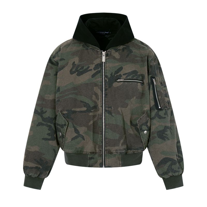 

Kisko Winter American-Style Bomber Heavy Camouflage Pilot Jacket for Men and Women, Faux Two-Piece Thickened Hooded Coat Fan color XL