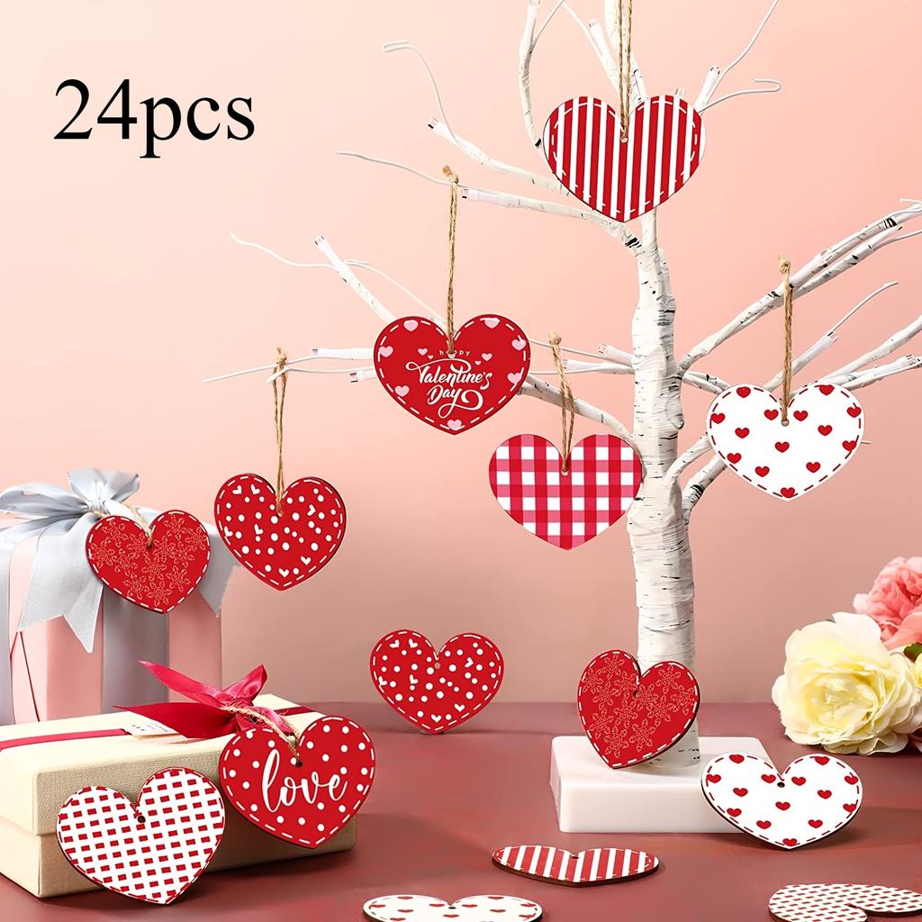 24pcs Rustic Heart Ornaments, Wooden Hearts, Red Pink White for Christmas & Valentine’s Decor, Hanging Home Wall Decoration