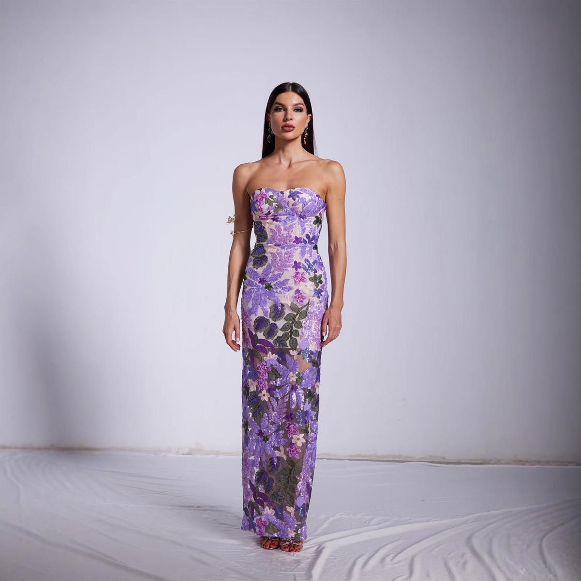

Strapless Sequin Embroidered Evening Gown with Slit XXXL
