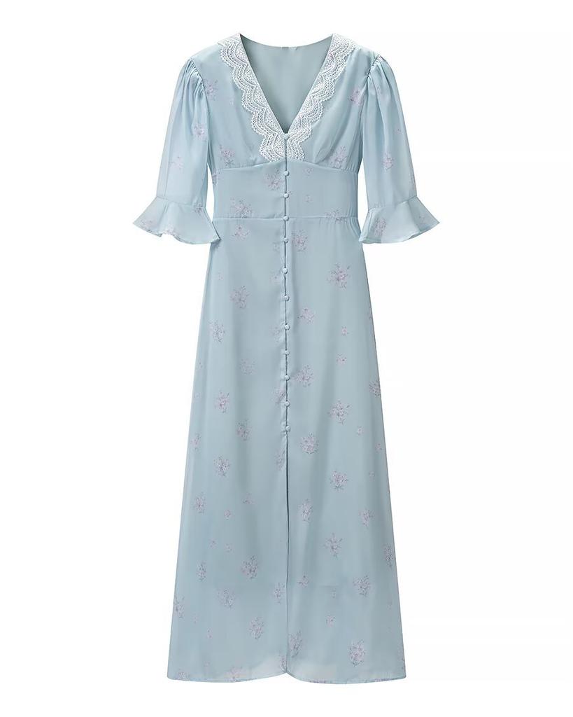 Women's Summer French Elegance Simple Loose Lace-up Floral Single-breasted Lace V-neck Dress