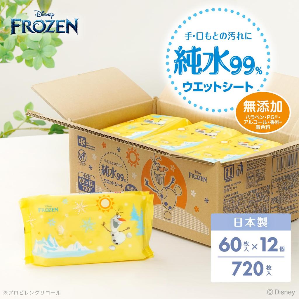 LEC Disney Čistá voda Vlhčené ubrousky 60 kusů x 12 balení Vyrobeno v Japonsku 99% ubrousky, (Zamrzlý) / Bez přísad /