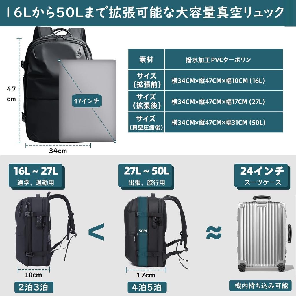 lovvento Vacuum Compression Backpack with Electric Air Fits Large TSA Air Detachment Pump Compression Bag for and Business 50L 14 Pockets Backpack