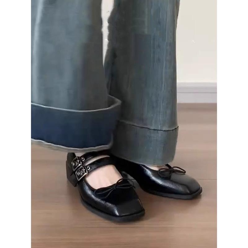 Blue Cabinet~ Retro thick heel black Mary Jane shoes women's spring light mouth small leather shoes double breasted with thick heel single shoes