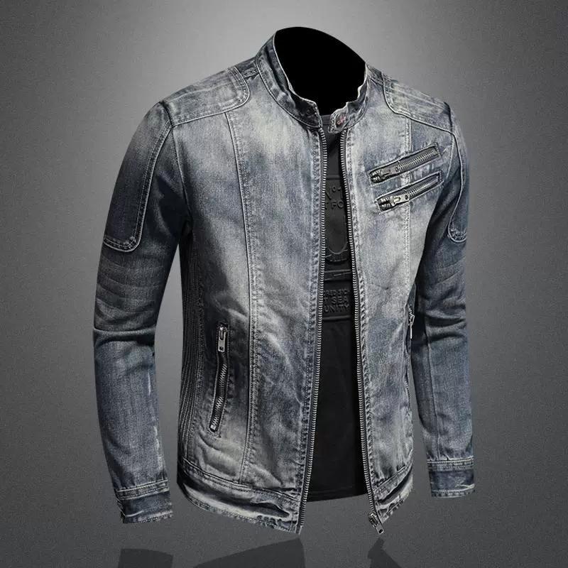 Men's Denim Jacket Casual Retro Plus Stand Up Collar Zipper Jacket Cycling Motorcycle Suit Trendy