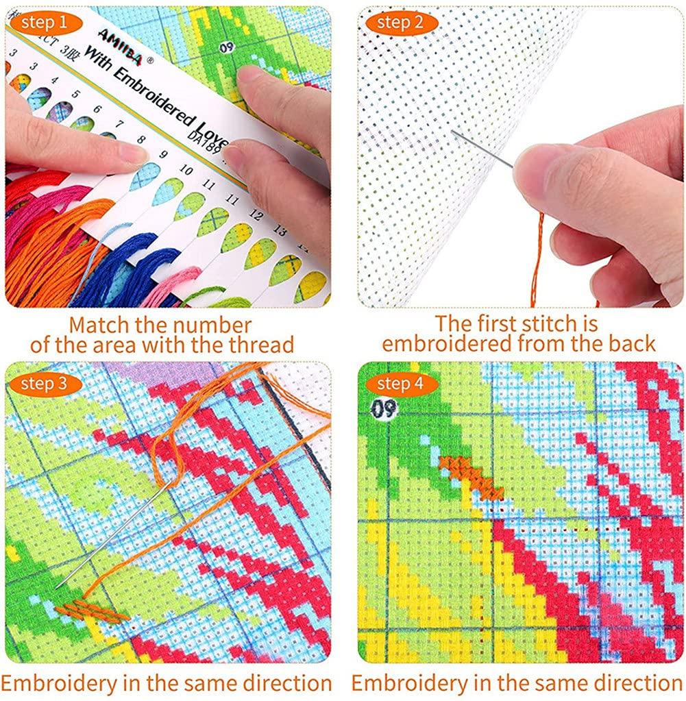 Amiiba 4-Piece Cross Stitch Kit, 11ct, Pre-Printed Design, "Four Seasons House," DIY Wall Art Decor, Beginner's Guide