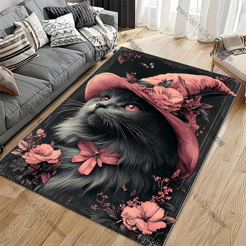 Whimsical cat adorned with flowers carpet Yoga living room room decor children's crawling mat doormat area rug games mat