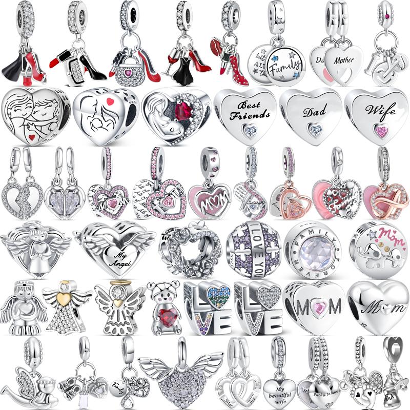 100% 925 Sterling Copper Love You Mom Dad Wife Family Heart Dangle Charm Fine Beads Fit Original Pantaro Charms Bracelet Zircon
