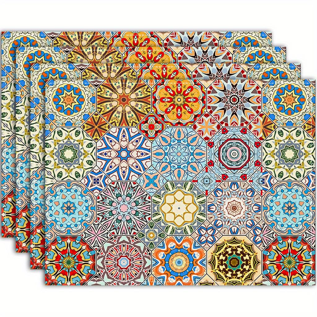 Elegant Chinoiserie Placemats 4Pcs Set Vibrant Blue & Green Floral Design Rectangular Table Mats for Dining & Home Decor