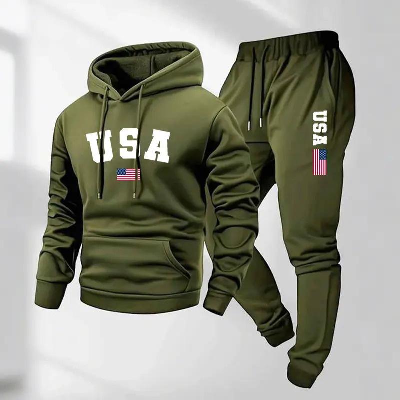 New casual sweater USA flag print hooded suit autumn and winter sports European and American trend men's and women's sweatpants