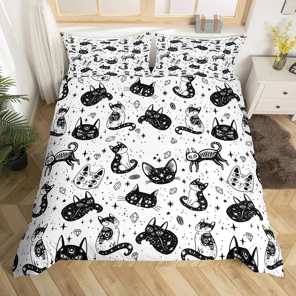 Katzenknochen-Bettwäscheset Full QueenHalloween Gothic Totenkopf Bettwäscheset SchwarzWeiß Galaxie Bettdeckenbezug Steppdeckenbezug