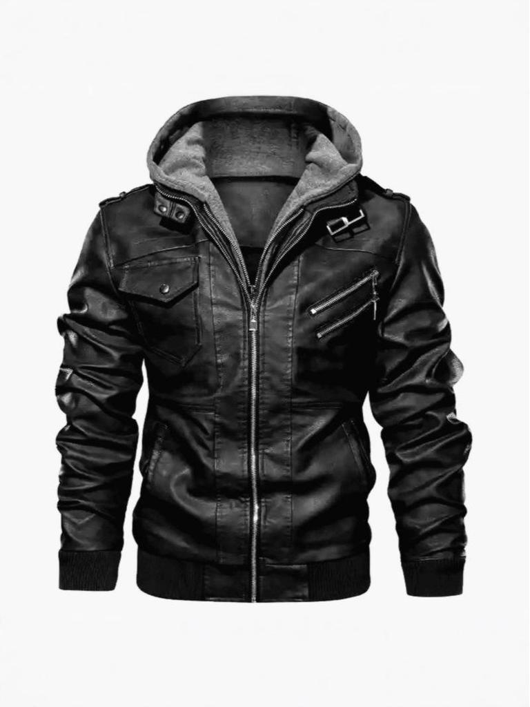 Youth Black Leather Jacket with Stand Collar and Zipper Welt Pockets, Hooded Winter Design, Straight Hem - In Stock