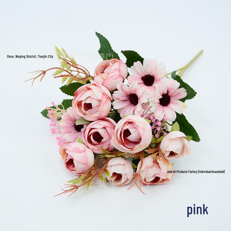 Autumn Colored 9-Head Artificial Tea Rose Bouquet for Wedding & Table Decoration