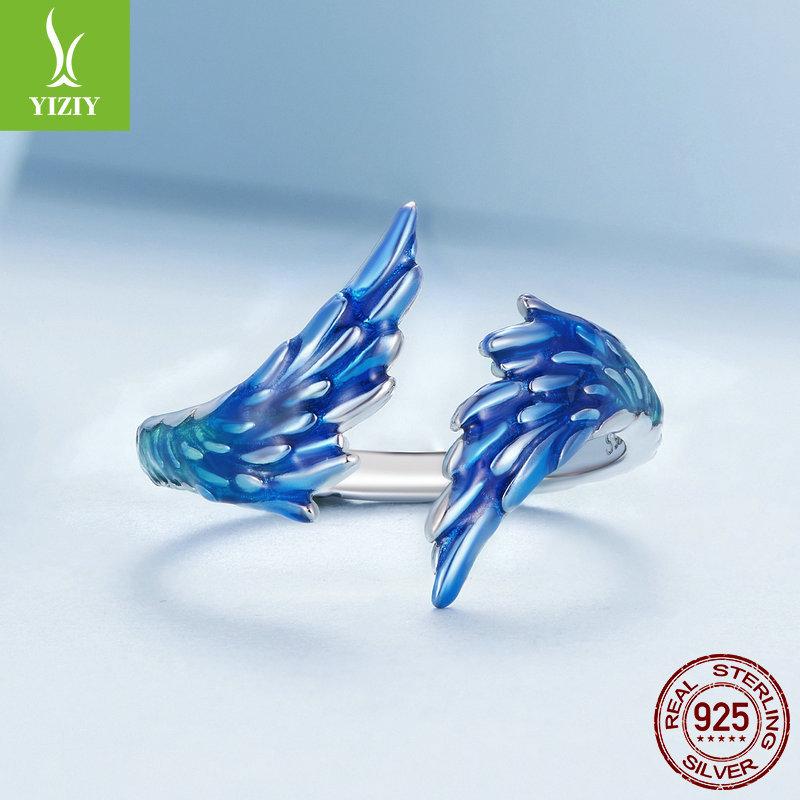 925 Sterling Silver Gradual Change Blue Wing Opening Ring Men And Women, Personality Trend Wing Adjustable Ring