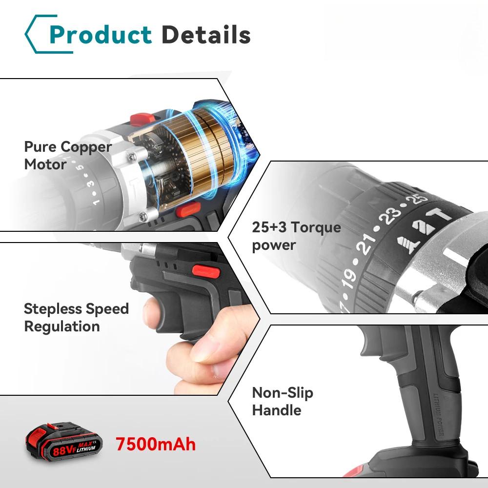 25+3 Torque Cordless Portable Electric Impact Drill Screwdriver Household Efficient Woodworking DIY Power Tool