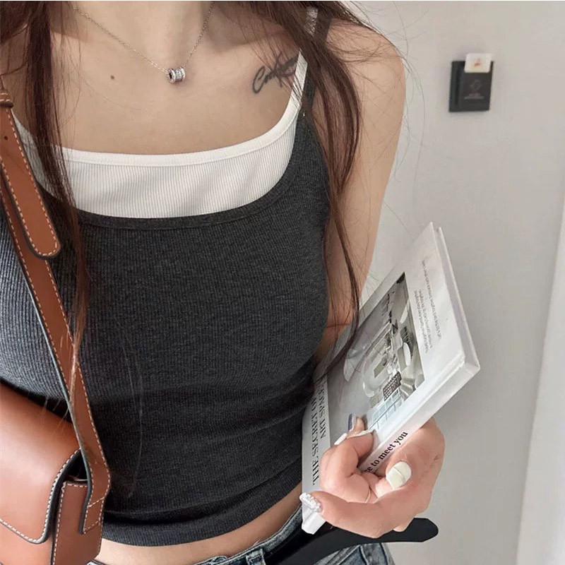 Contrast Color Two-Piece Knit Camisole for Women, Slimming and Elastic, Perfect for Summer