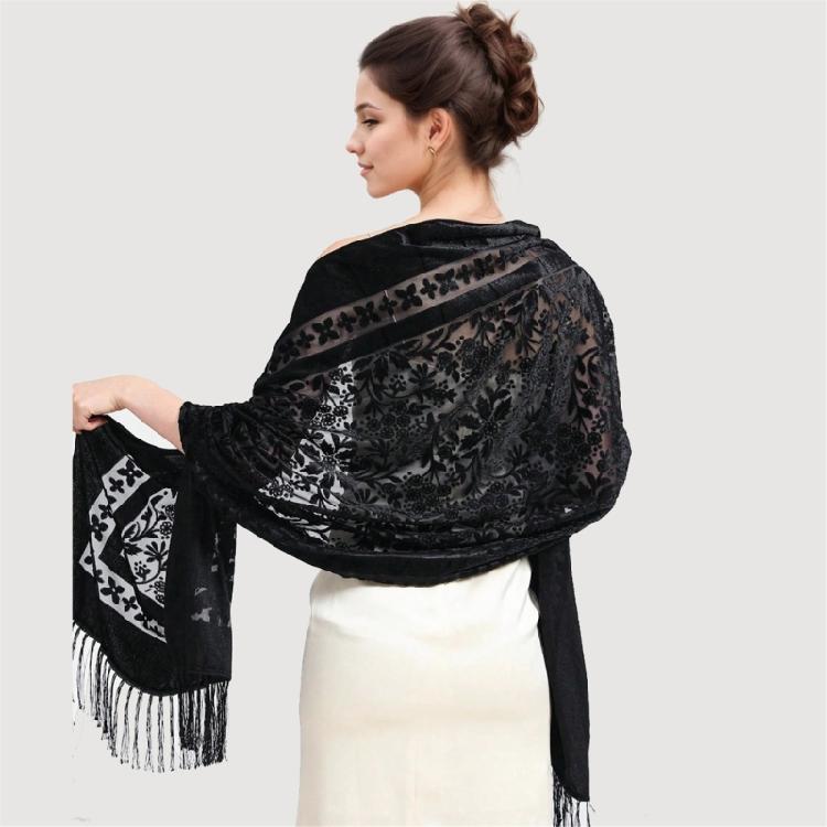 Sophisticated Velvet Shawl Scarf for Women Evening Dress Cover Up Shoulder Wrap Wedding Guest Fringed Scarf