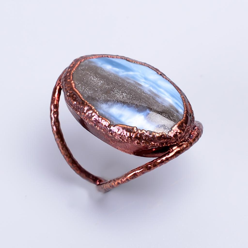 Oval Owyhee Blue Opal Stone Birthday Electroformed Eternity Ring Jewelry Copper V-57