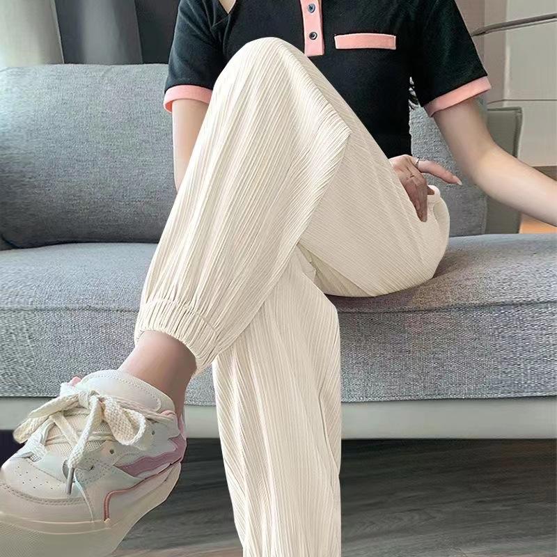 Spring Casual Street Sweet Autumn Basics Ice Silk Pants Lantern Pants Solid Color Elastic Women's Sports Pants and Ankle Pants