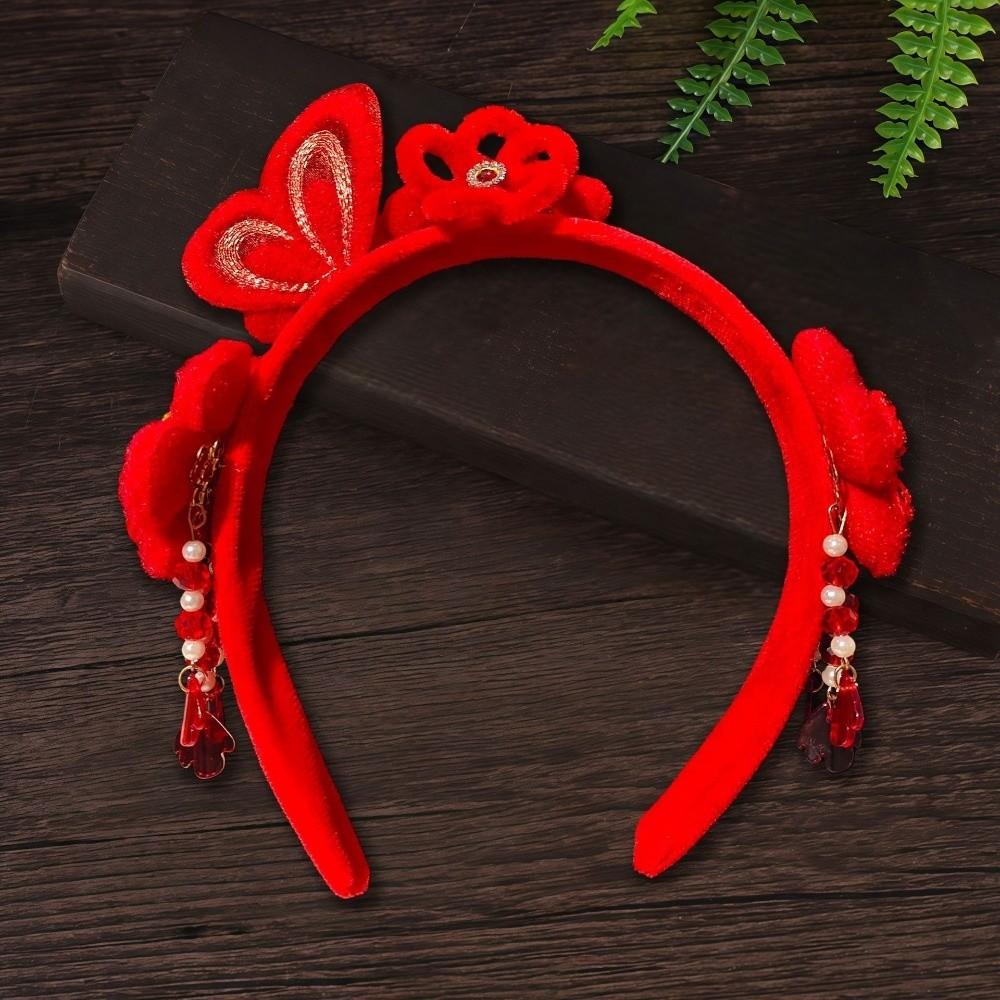 Headwear New Year Hair Hoop Embroidered Bow Ancient Style Hairband Cute Red Plush Headband  Gift
